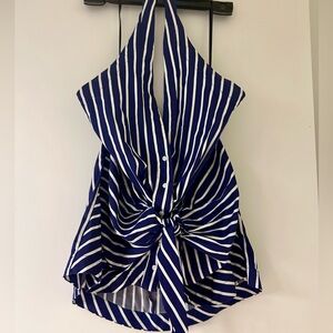 ZARA Blue & White Striped Halter Top – Twist Front – Size Large